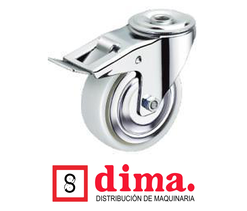 Rodo giratorio con Freno de 3 1/2 x 1 1/4" Pin Agujero Poliamida Blanca con Anti hilo de metal